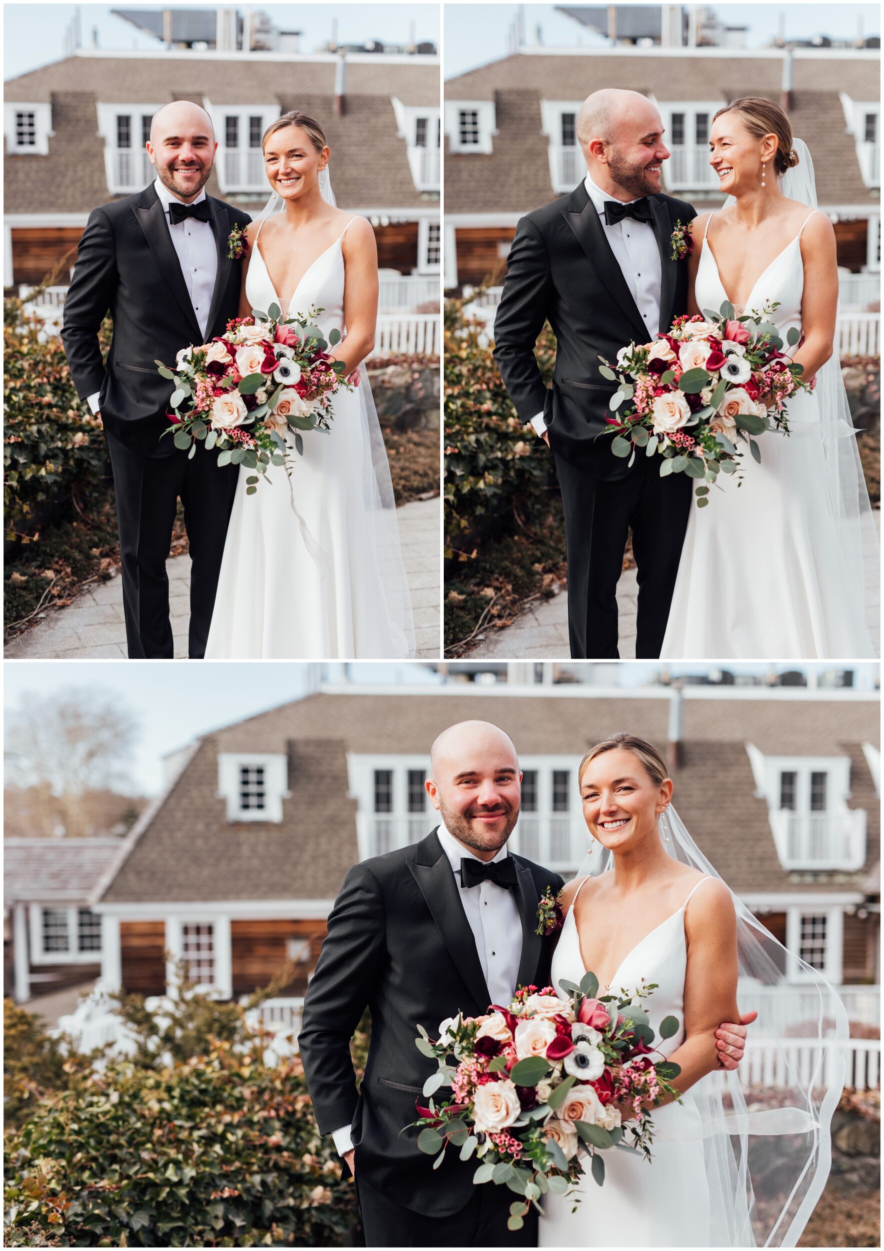 Bride and groom portrait at Red Lion Inn winter wedding in Cohasset MA